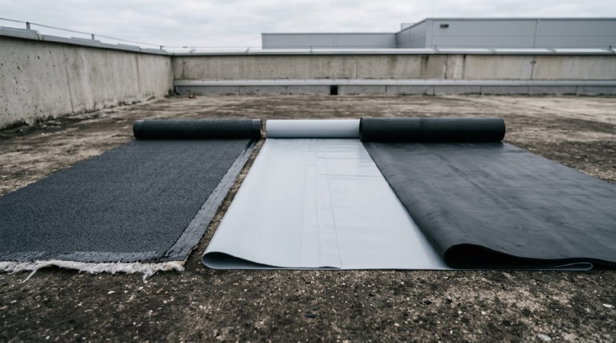 Verschiedene Flachdach-Abdichtungsmaterialien im Vergleich — Bitumenbahn, PVC-Kunststoffbahn und EPDM-Kautschukbahn nebeneinander auf einem Flachdach