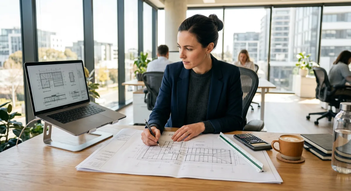 Architektin prüft Baupläne für ein Flachdach-Projekt — Planung und Kalkulation von Fördermitteln für Monitoring-Systeme