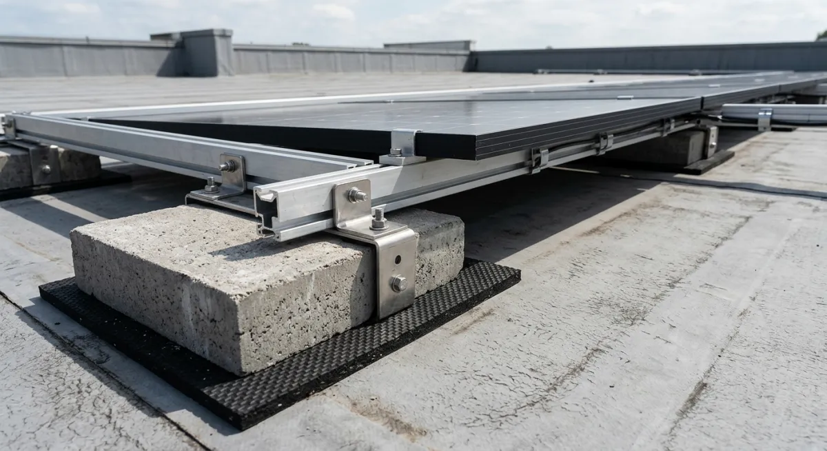 Ballastsystem Photovoltaik Flachdach mit Gummischutzmatte auf Abdichtungsbahn, Detail Modulgestell