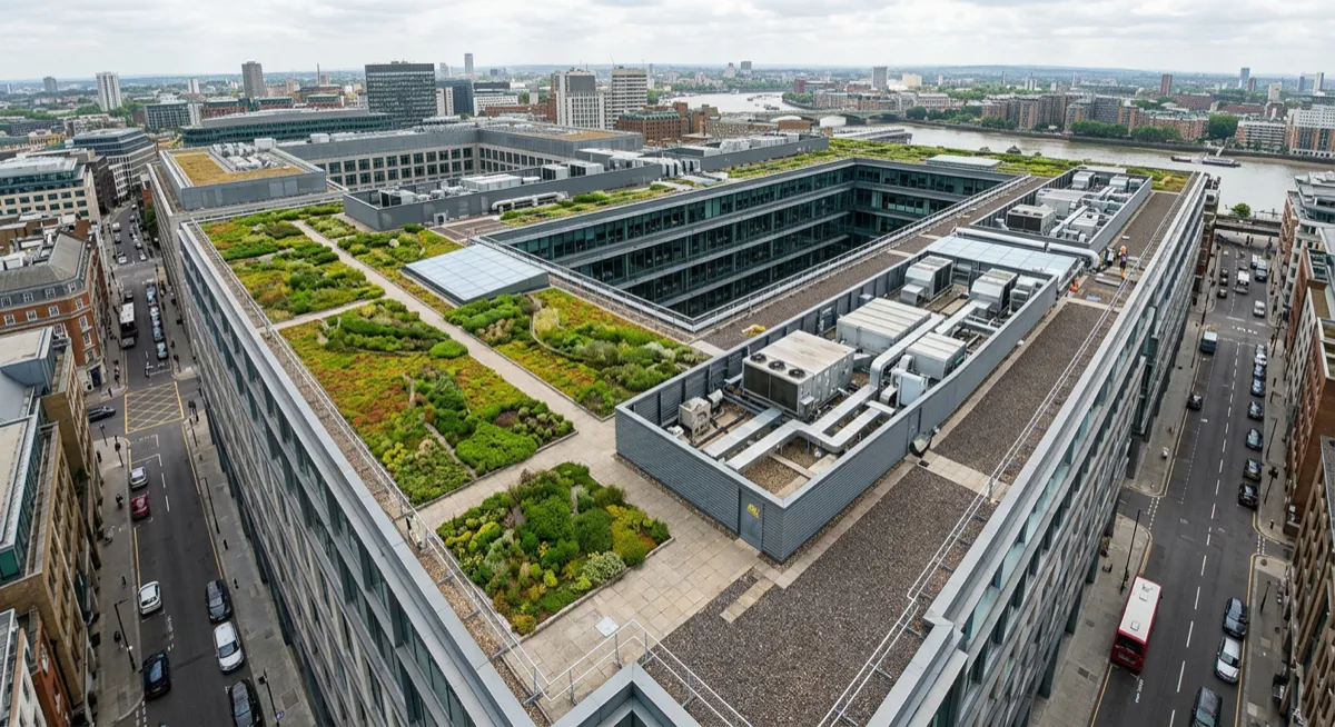 Begrüntes Flachdach mit Stadtpanorama — Nachhaltigkeit und Dachschutz durch roofSec Monitoring