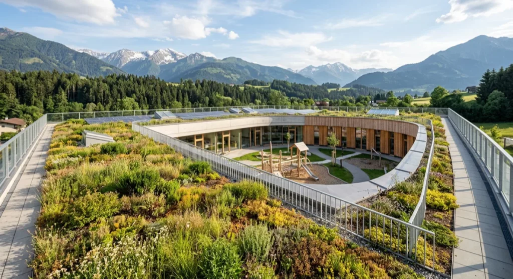 Begrüntes Flachdach eines öffentlichen Gebäudes in Österreich — typisches Förderprojekt für Flachdach-Monitoring