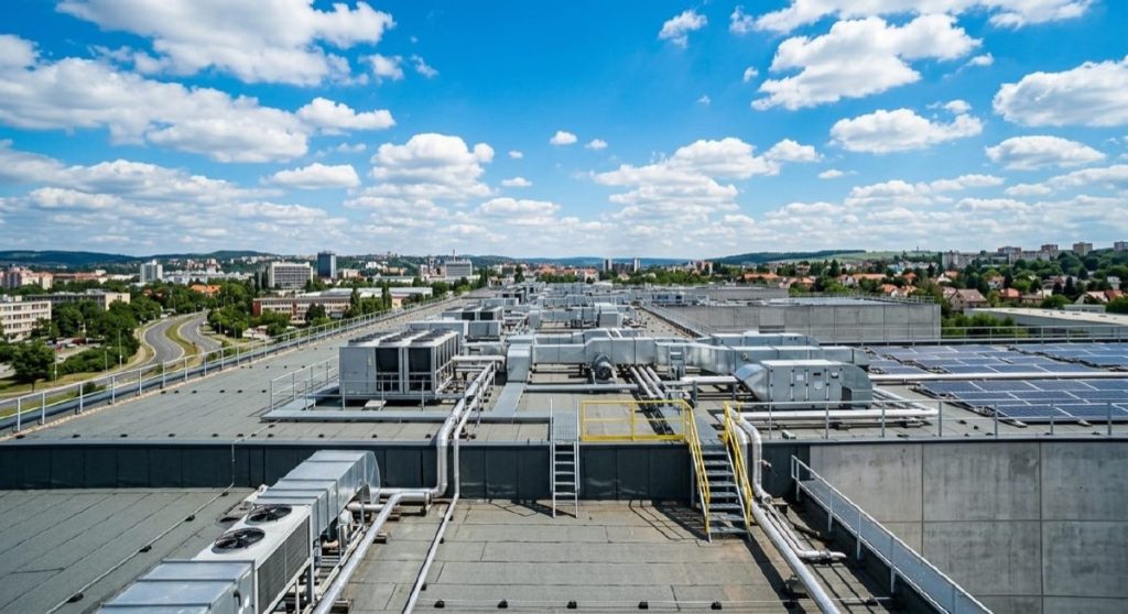 Gewerbe-Flachdach mit Lüftungsanlagen, Rohrleitungen und Photovoltaik-Panels — Übersicht einer typischen Flachdach-Abdichtung