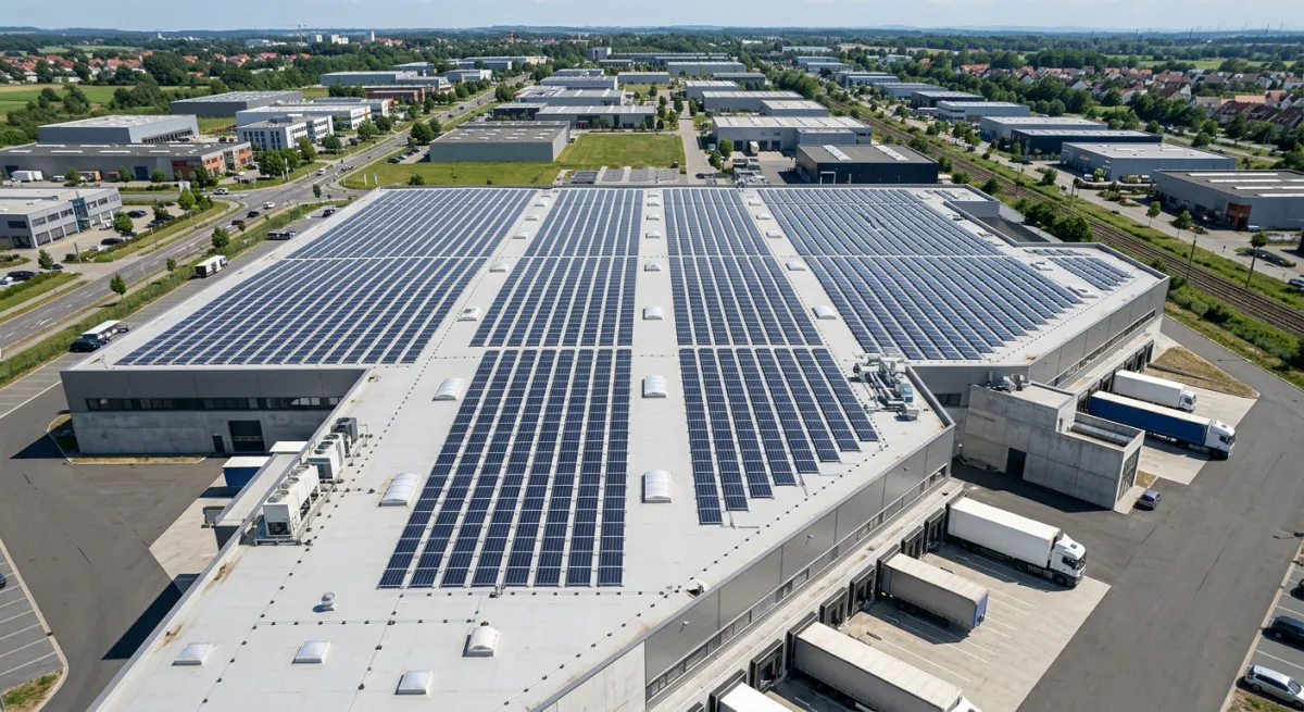 Photovoltaikanlage auf Flachdach eines Gewerbegebäudes, Vogelperspektive