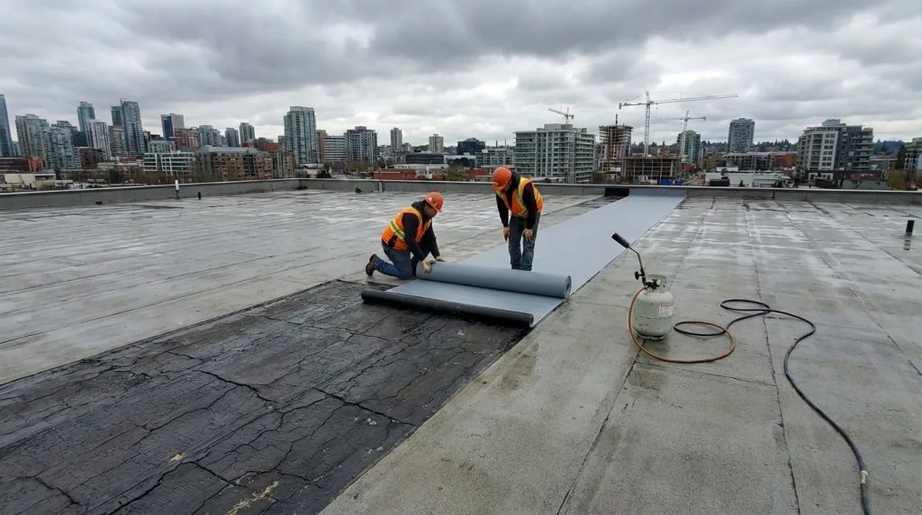 Flachdach-Sanierung: Dachdecker bei Sanierungsarbeiten auf einem Gewerbe-Flachdach
