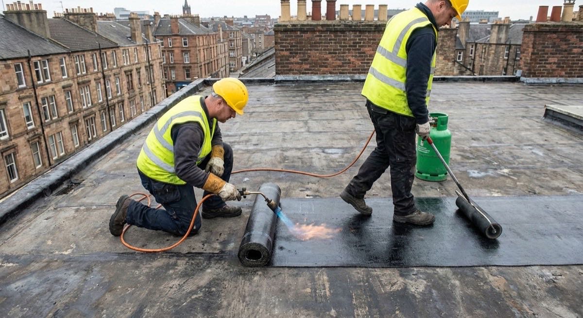 Dachdecker verlegen Bitumen-Schweißbahn bei einer Flachdach-Sanierung mit Propangasbrenner