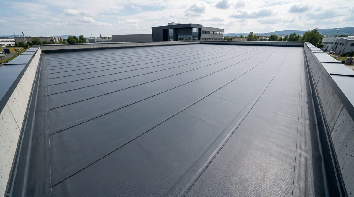 Frisch verlegte EPDM-Kunststoffabdichtung auf einem Gewerbe-Flachdach mit sauber verschweißten Bahnen und Attika-Anschlüssen