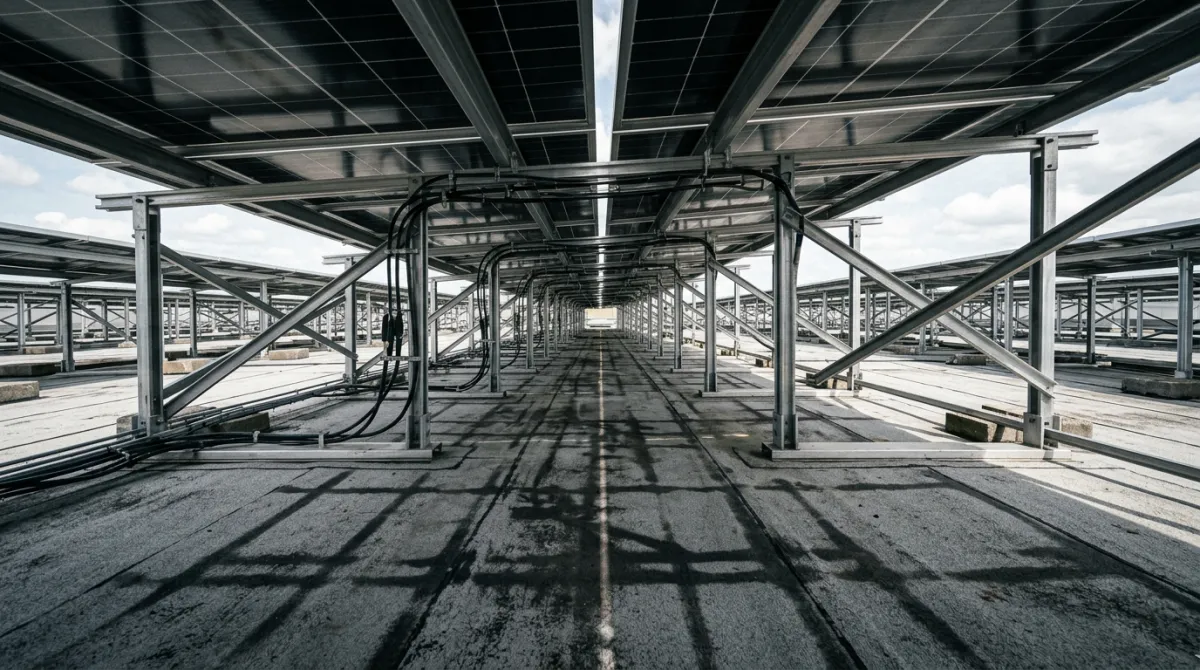 Leckage unter Photovoltaikmodulen auf Flachdach schwer erkennbar, Blick unter PV-Module