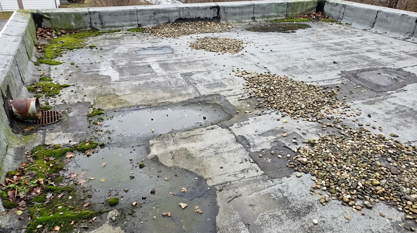 Vergleich: Flachdach mit sichtbarem Wasserschaden und Monitoring-System