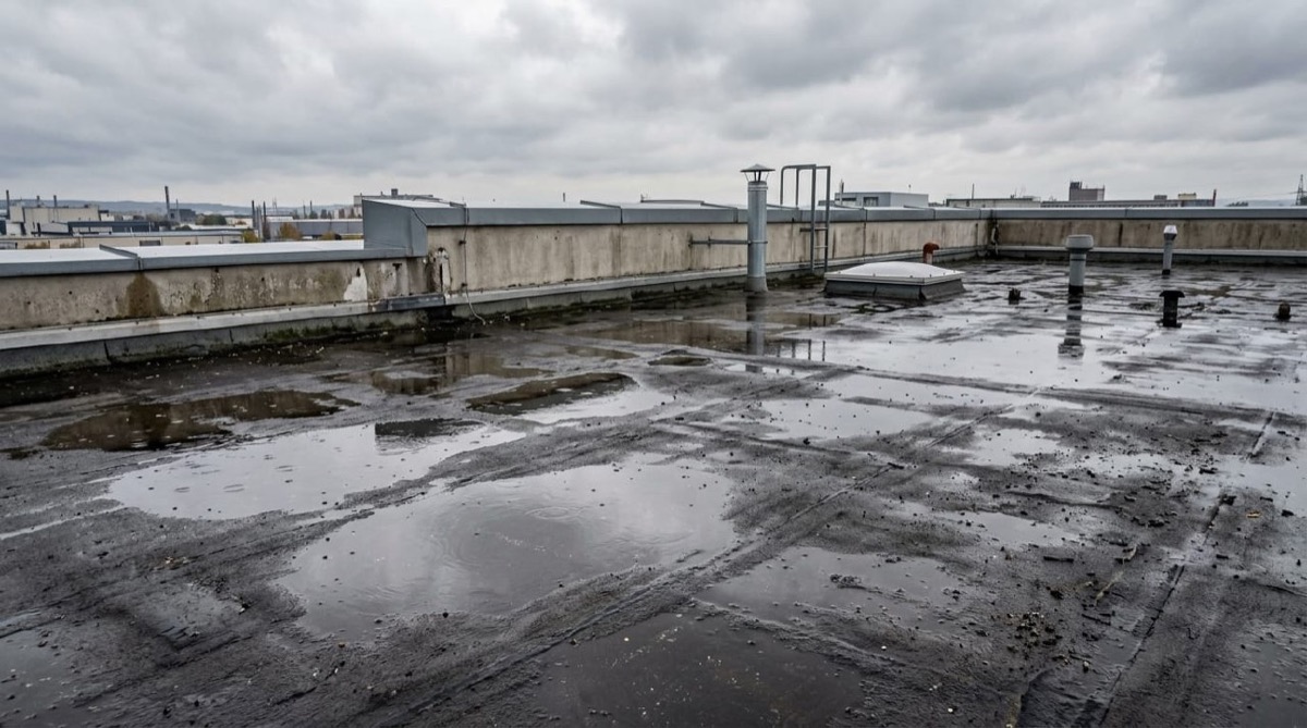 Stehendes Wasser und Pfützenbildung auf einem vernachlässigten Flachdach — typisches Schadensbild bei mangelhafter Entwässerung