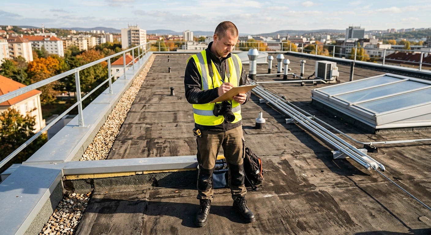 Dachdecker bei Flachdach-Inspektion mit Klemmbrett und Kamera — Wartungsdokumentation als Versicherungsnachweis