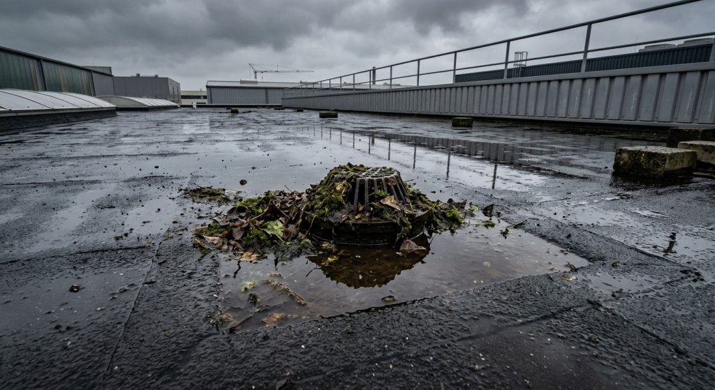 Verstopfter Dachgully auf Flachdach mit stehendem Wasser — häufige Ursache für Wasserschäden