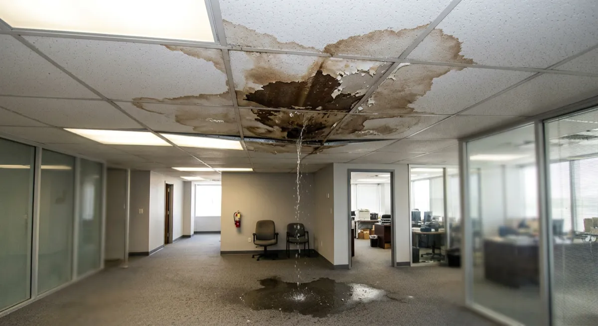 Wasserschaden an Innendecke durch undichtes Flachdach