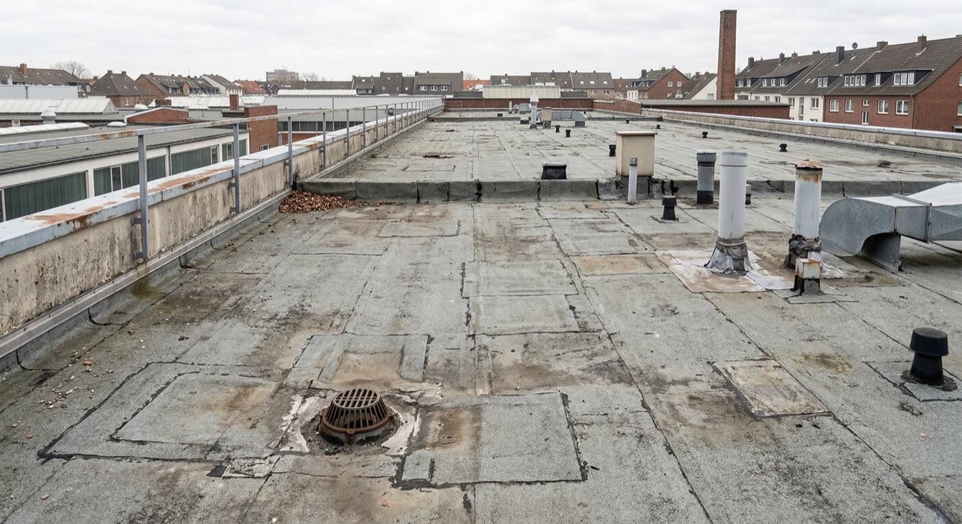 Gealtertes Flachdach mit sichtbaren Reparaturspuren als Beispiel für spätere Sanierungs- und Instandhaltungskosten