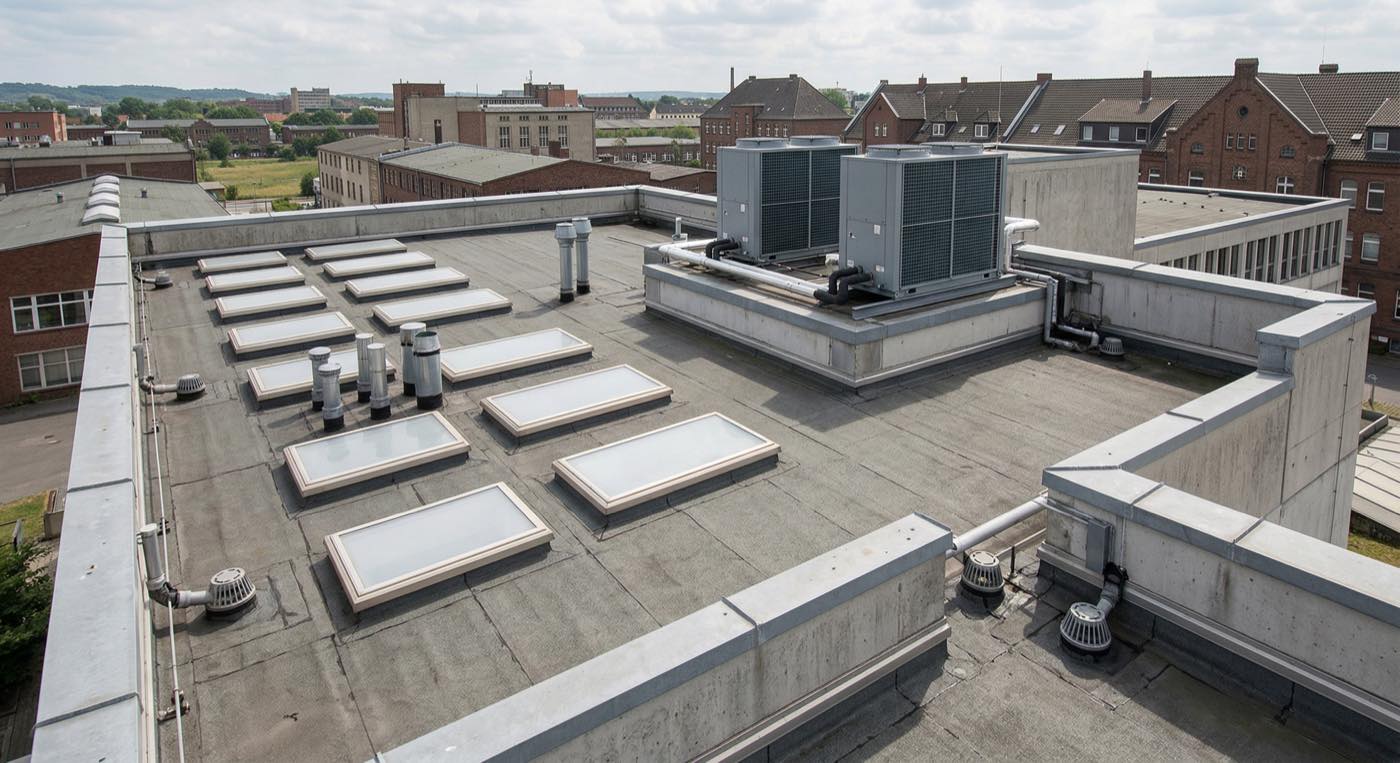 Flachdach mit mehreren Aufbauten und Anschlüssen als Beispiel für kostenrelevante Dachkomplexität