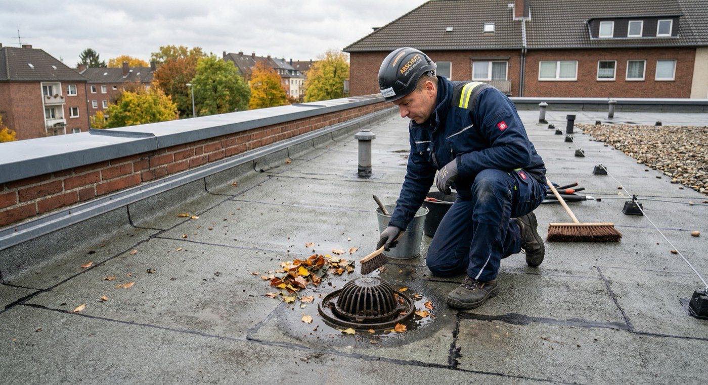Herbstliche Flachdach-Wartung mit Reinigung eines Dachgullys auf einem Gewerbedach im DACH-Raum