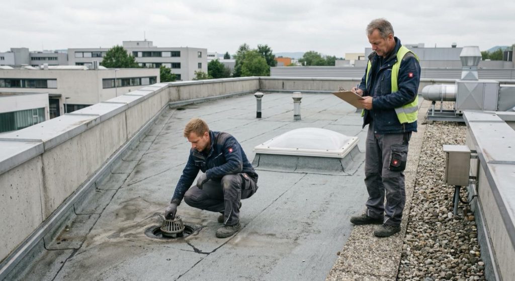 Dachdecker bei der Wartung eines Flachdachs auf einem Gewerbegebäude im DACH-Raum