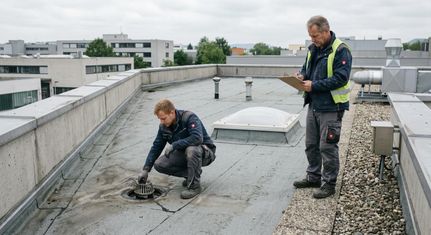 Dachdecker bei der Wartung eines Flachdachs auf einem Gewerbegebäude im DACH-Raum