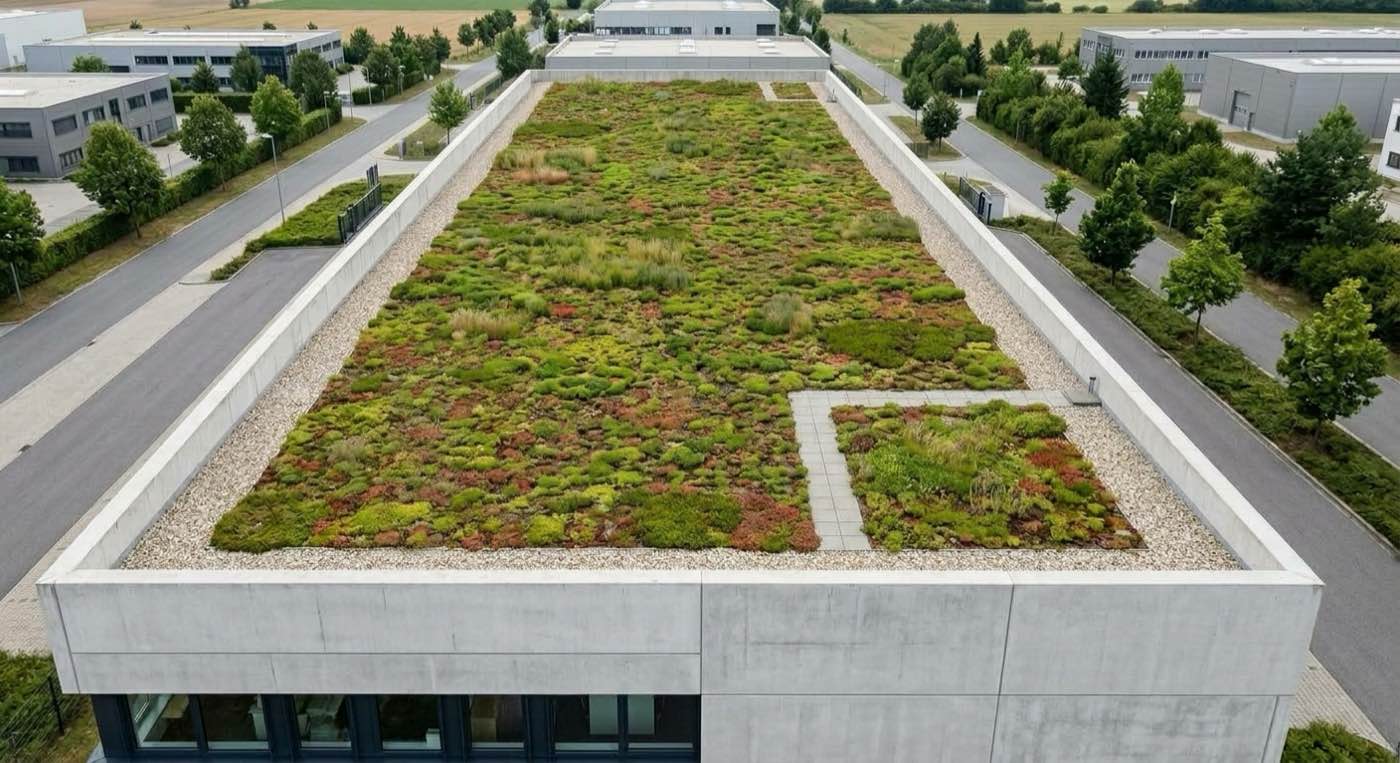 Begrüntes Flachdach eines Gewerbegebäudes im DACH-Raum als Beispiel für sorgfältig geplanten Dachaufbau