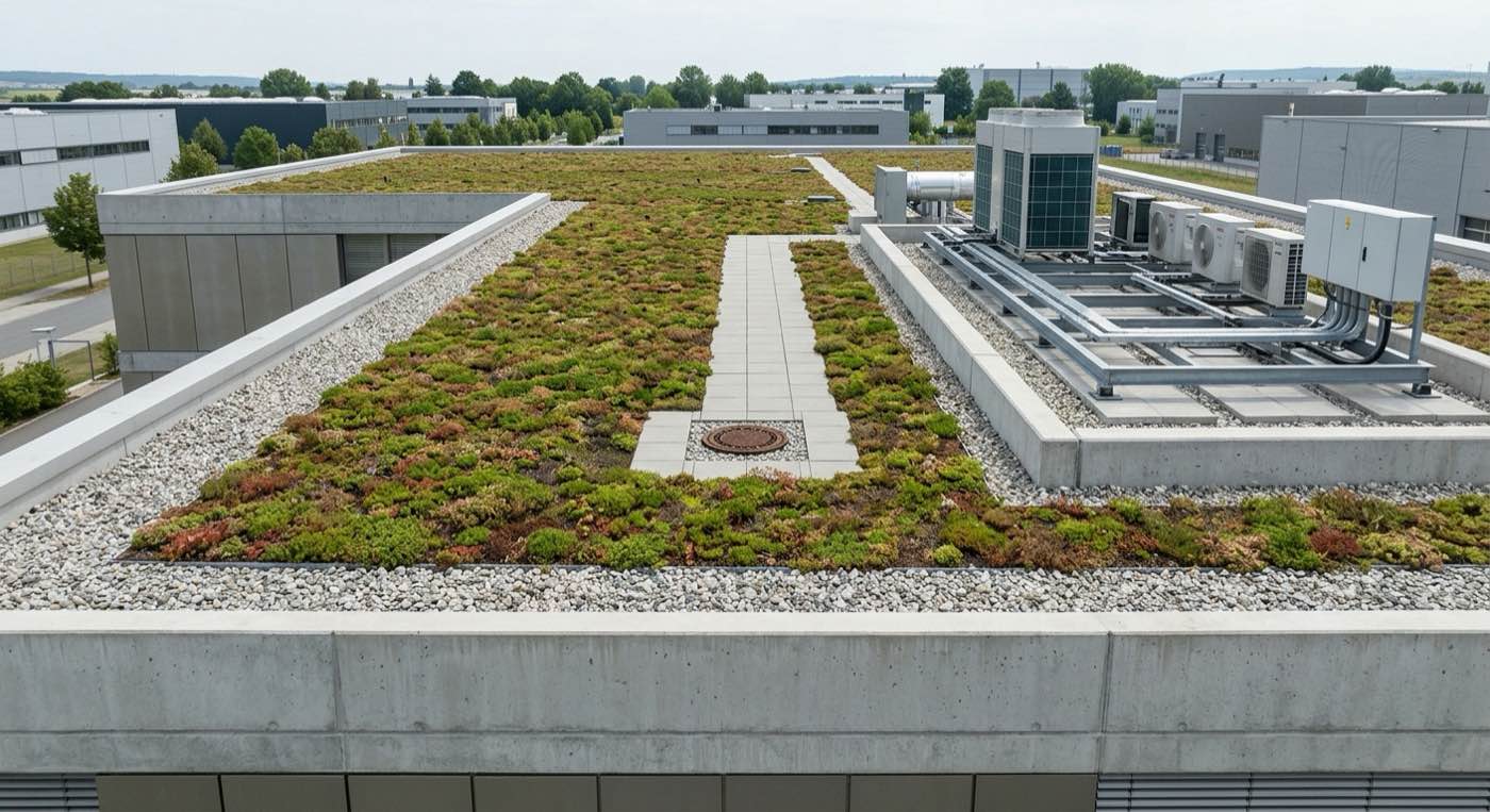 Kontroll- und Wartungszone auf einem extensiven Gründach mit Technikfläche und freigehaltenen Zugängen