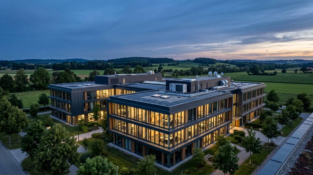 Modernes Gewerbegebäude mit Flachdach, PV und intelligenter Gebäudetechnik als Symbol für Smart Building und digitalen Gebäudebetrieb