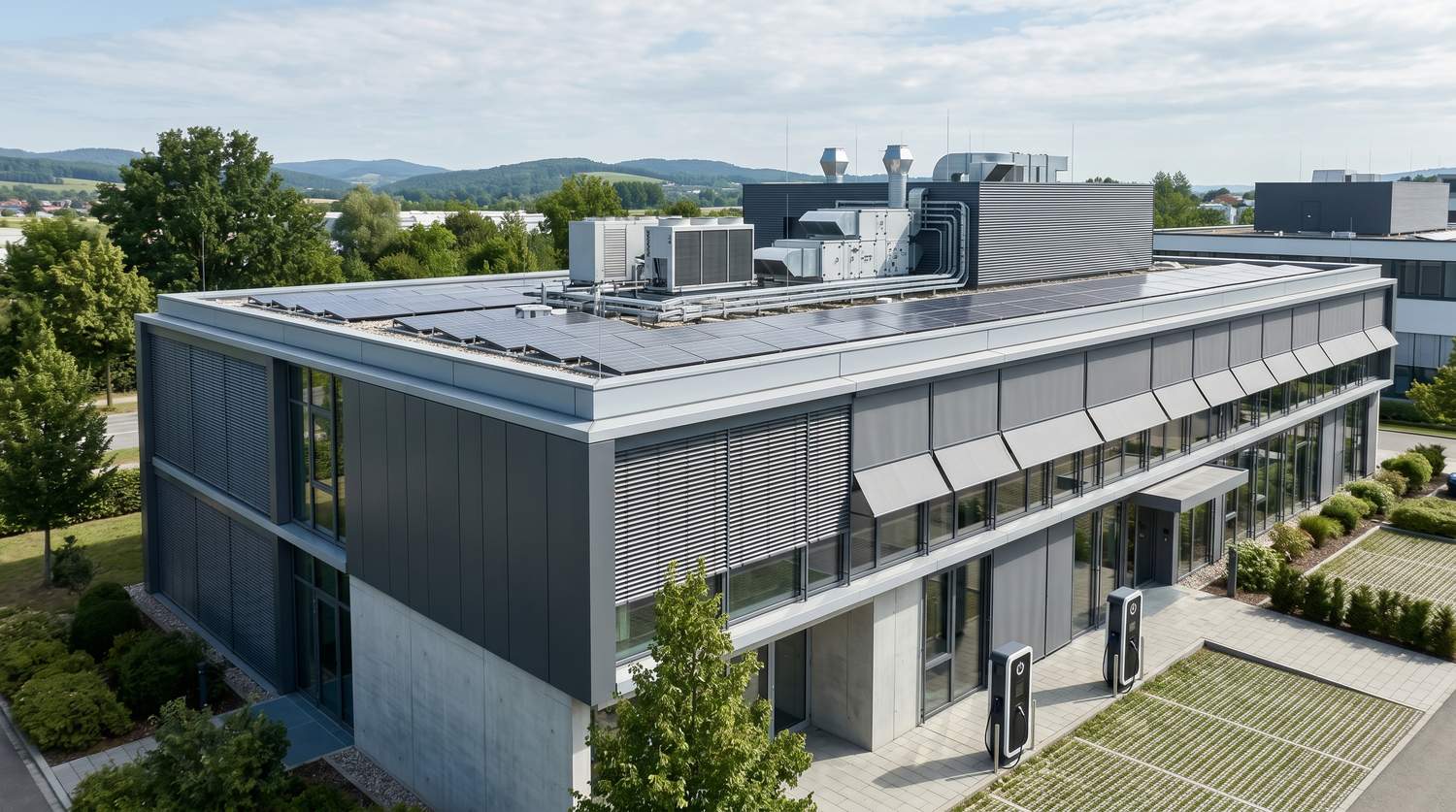 Moderner Dach- und Technikbereich mit PV, Außenbeschattung und geordnetem Gebäudebetrieb als Sinnbild für Flachdach-Monitoring im Smart Building