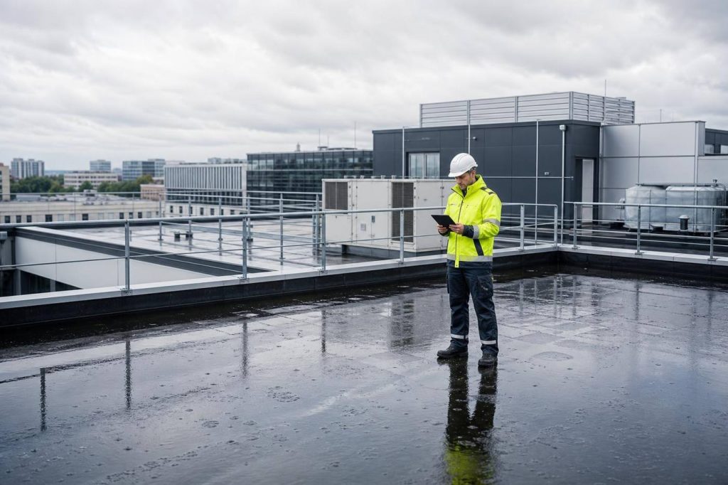 Inspektion eines gewerblichen Flachdachs nach Starkregen – relevant für die Frage, wann die Versicherung bei einem undichten Flachdach zahlt