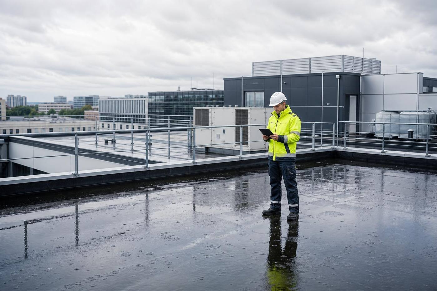 Inspektion eines gewerblichen Flachdachs nach Starkregen – relevant für die Frage, wann die Versicherung bei einem undichten Flachdach zahlt