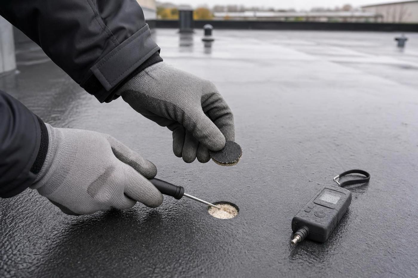 Prüföffnung und Feuchtemessung zur Bewertung von Feuchtigkeit im Flachdachaufbau