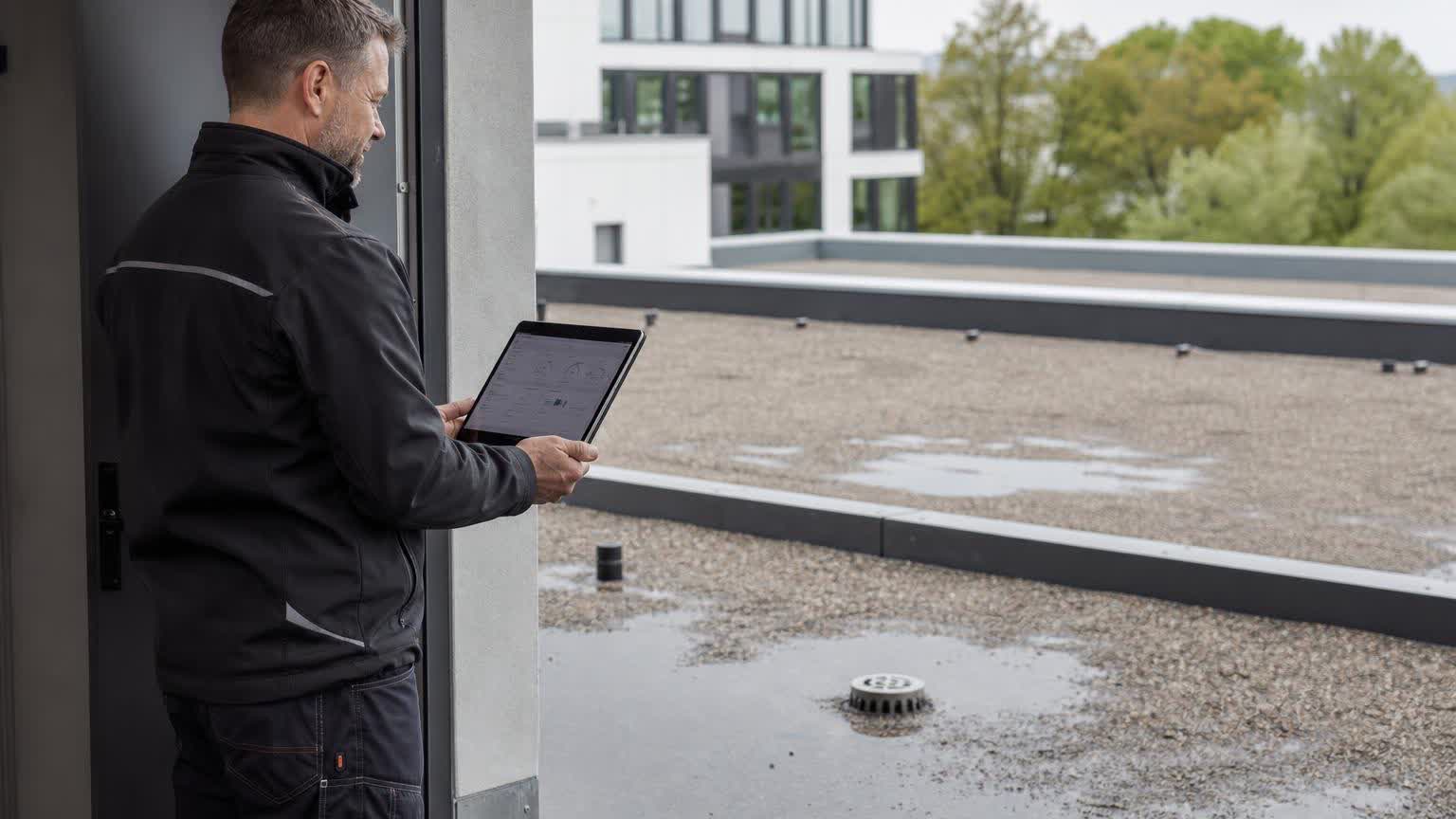 Facility Manager bewertet Entwässerungsrisiken und Monitoringdaten eines Flachdachs