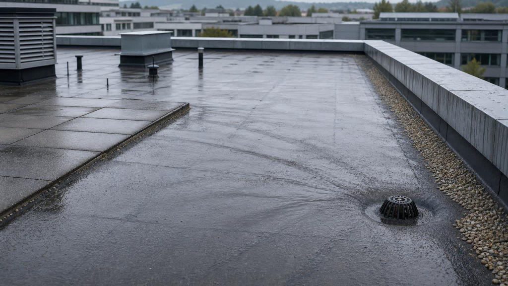 Flachdach-Entwässerung mit Ablauf und geplanter Wasserführung auf einem europäischen Gewerbedach