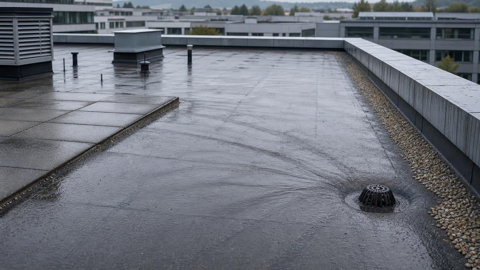 Flachdach-Entwässerung mit Ablauf und geplanter Wasserführung auf einem europäischen Gewerbedach