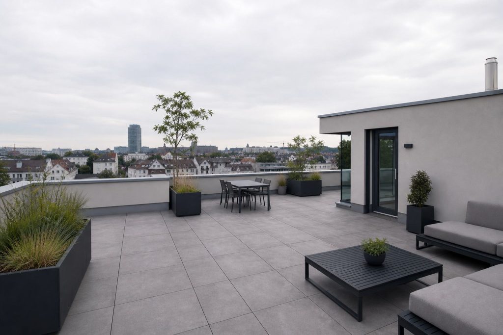 Dachterrasse auf einem europäischen Flachdach mit Plattenbelag und Attika