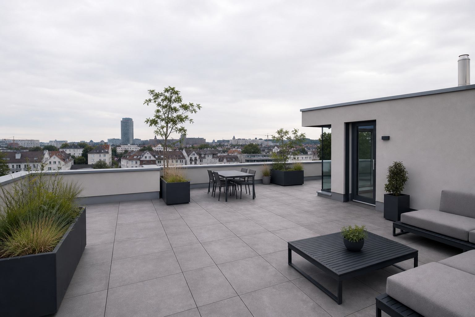 Dachterrasse auf einem europäischen Flachdach mit Plattenbelag und Attika
