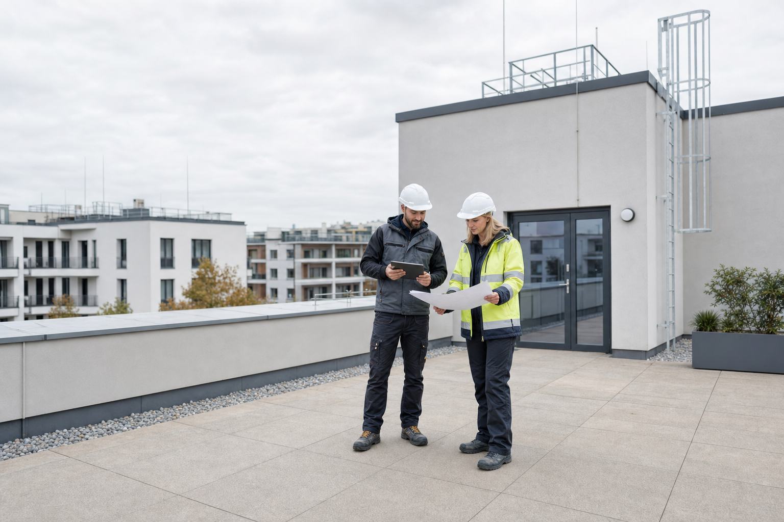 Planer und Betreiber prüfen die Wartungszugänglichkeit einer Dachterrasse auf dem Flachdach