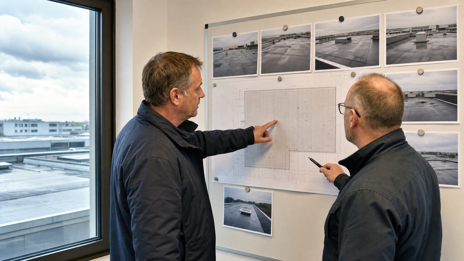 Zwei Fachpersonen werten nach Starkregen Dachpläne und Ereignisfotos aus