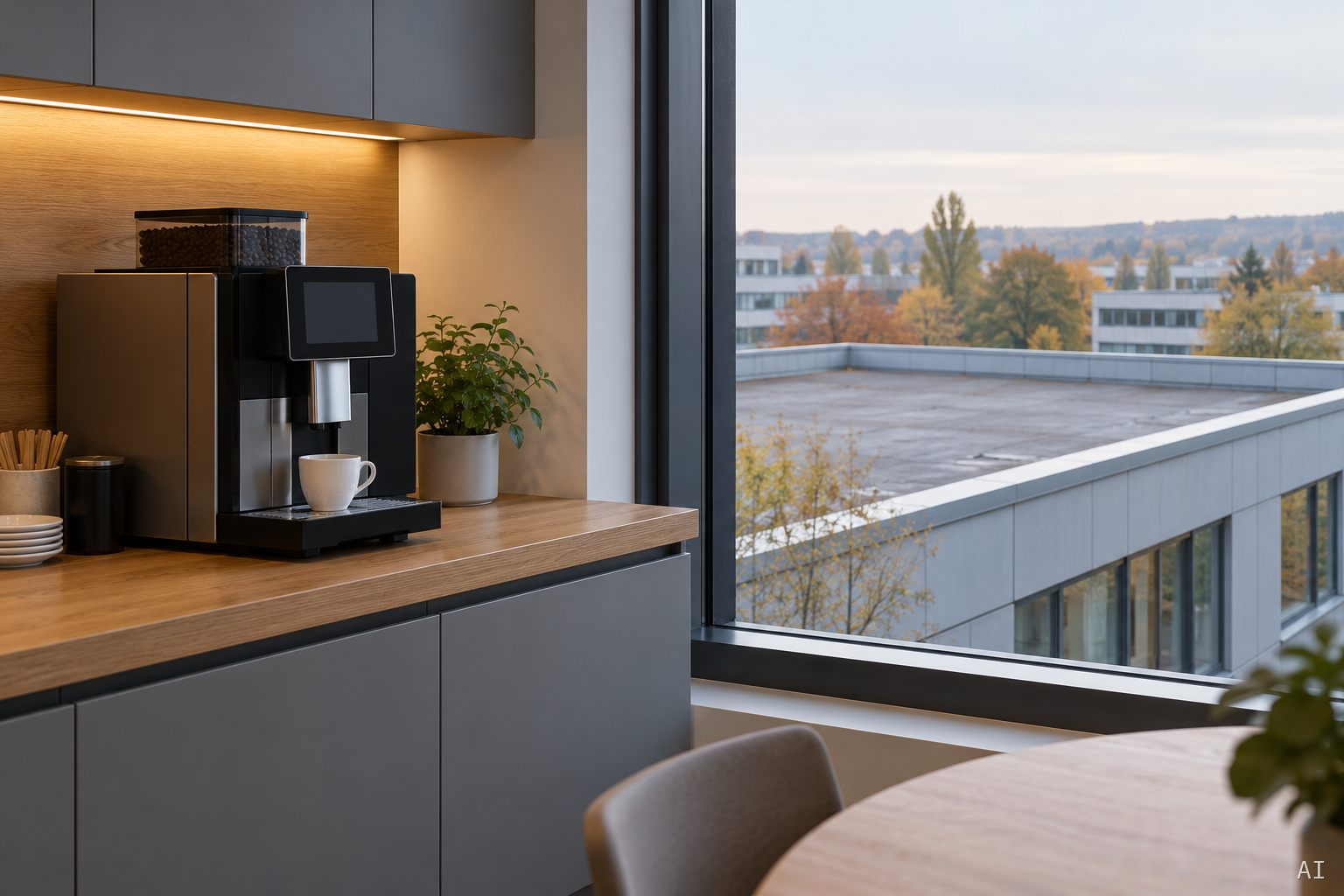 Kaffeemaschine in einer Büroküche mit Blick auf das Flachdach des Nachbartrakts