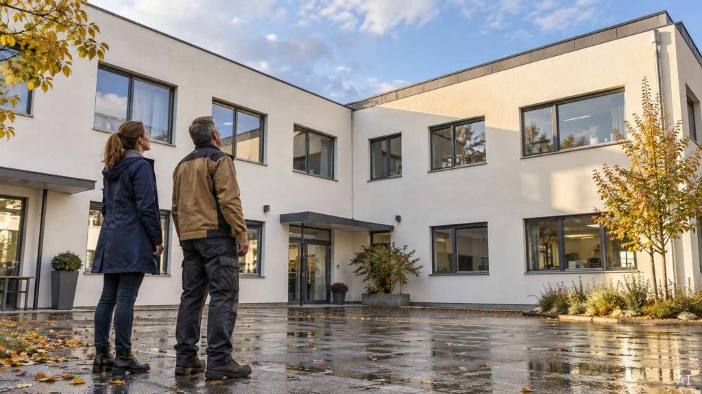 Zwei Personen betrachten den Dachrand eines Flachdach-Gebäudes vom Innenhof aus.