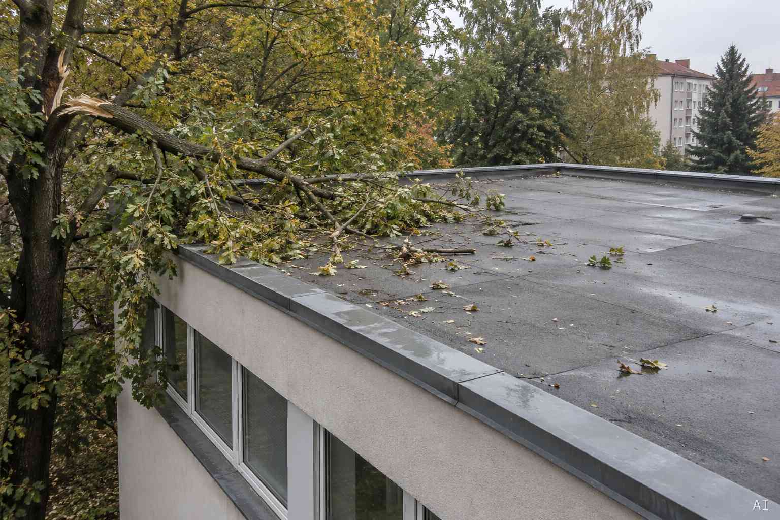 Abgebrochener Kronenast und verstreute Zweige auf einem Flachdach neben einem Baum