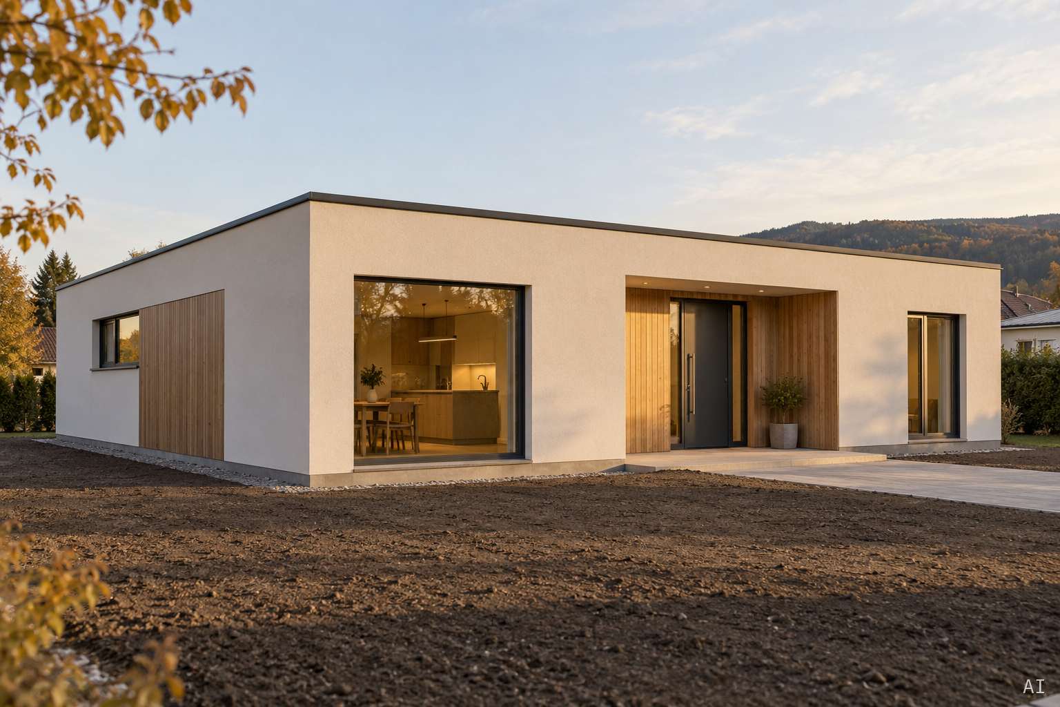 Privates Flachdachhaus mit fertig eingerichteter Küche und noch ungestaltetem Garten