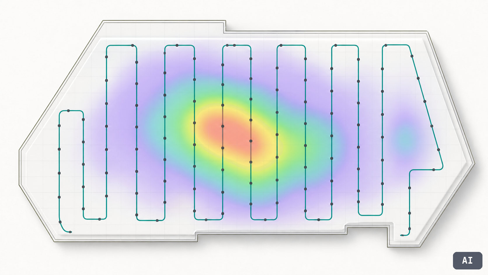 Schematische roofSec-Heatmap mit Sensorkabeln und einem auffälligen Prüfbereich im Flachdach