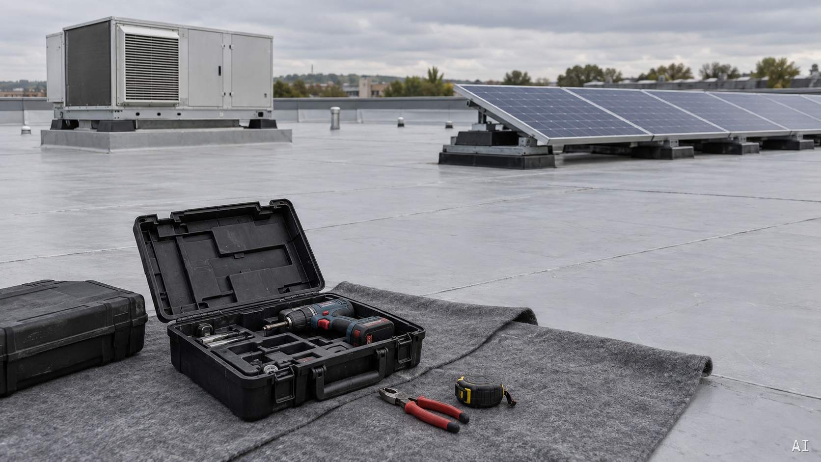 Werkzeug auf Schutzunterlagen zwischen PV-Anlage und Klimagerät auf einem Flachdach.