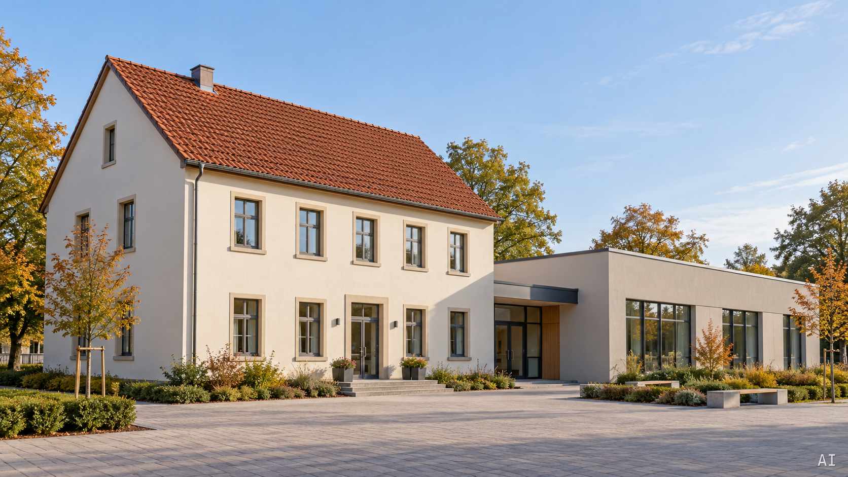 Gebäude mit Ziegel-Satteldach und modernem Flachdach-Anbau als Beispiel unterschiedlicher Dachformen