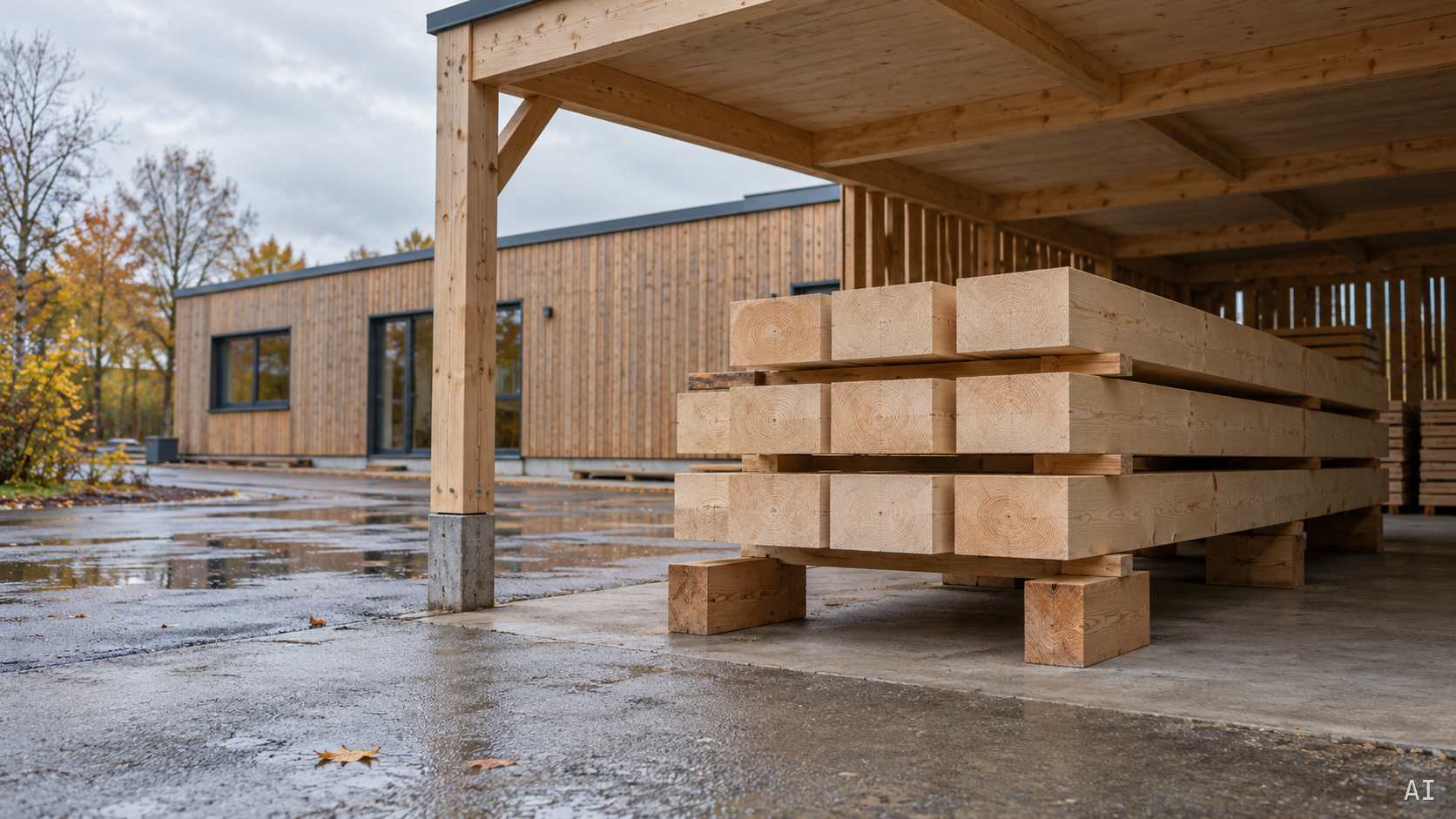 Holzbauteile auf erhöhten Lagerhölzern unter einer offenen Überdachung neben einem Holzbau mit Flachdach.