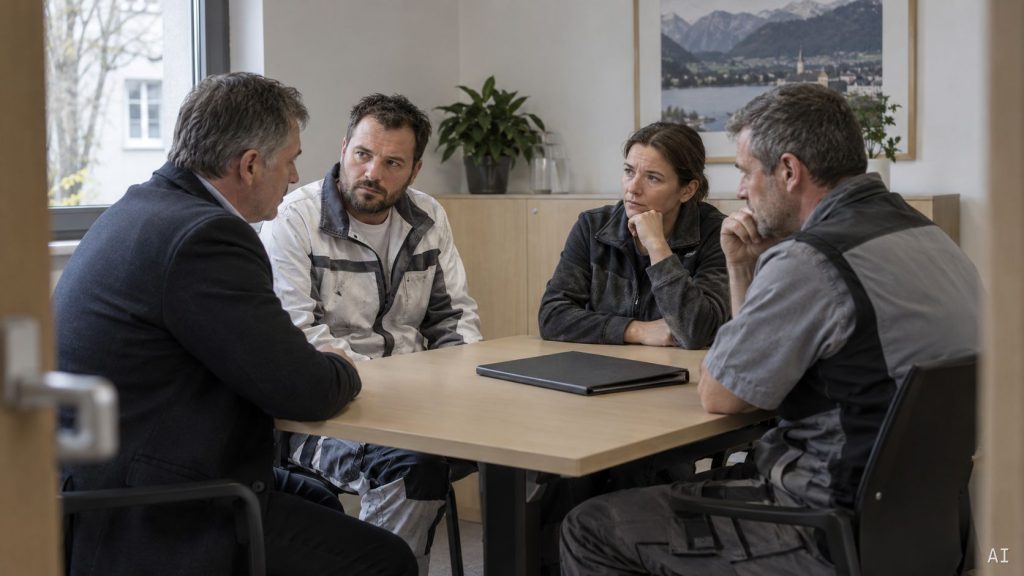 Eigentümer und drei Handwerker besprechen einen Schaden nach Dacharbeiten in einem Gewerbegebäude.